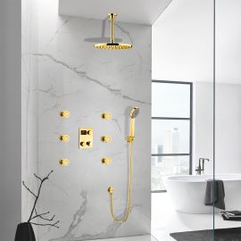 Ceiling Mount Gold Finish Thermostatic Digital Display shower system with hand shower Head Set 