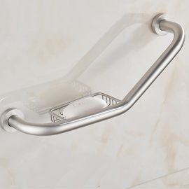 Juno Brushed Chrome Wall Mount 135 Degree bent Shower Handle With Soap Dispenser Safety Rails Bar Handle