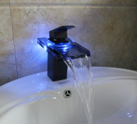 Color Changing LED Oil Rubbed Bronze Glass Spout Waterfall Single Lever Bathroom Sink Faucet