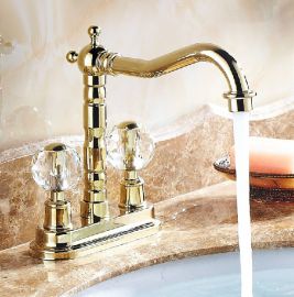 Crystal Dual Handle Long Neck Deck Mount Bathroom & Kitchen Faucet in Gold Faucet