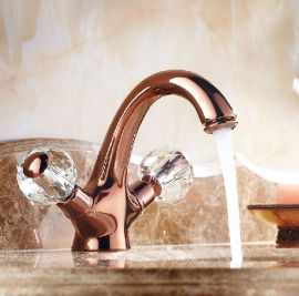 Crystal Handle Rose Gold Chrome Finish Deck Mount Bathroom Basin Faucet in Gold Faucet