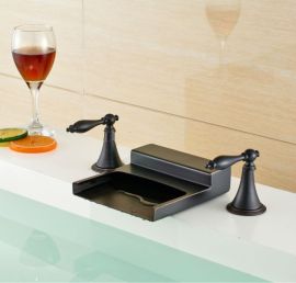 Waterfall Deck Mount Dual Long Handle Finish Brass Body Bathroom Sink Faucet Oil Rubbed Bronze