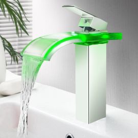Glass Spout Color Changing LED Bathroom Waterfall Sink Faucet