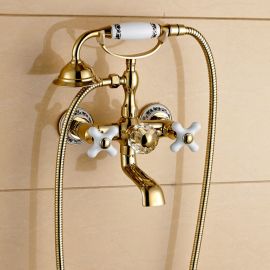 Gold Claw Foot Wall Mount Tub Faucet with Handheld Sprayer