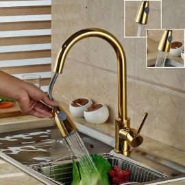 Gold-plate Single Hole Pull Out Faucet for Kitchen Basin
