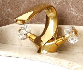Dual Crystal Handle Deck Mount Gold Bathroom Faucet