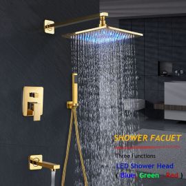 Gold Finish Wall Mounted three LED 3 Function Rain Shower Head