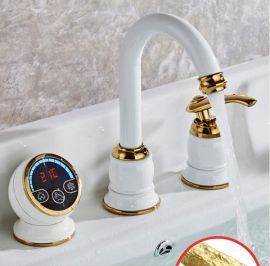 Gold & White Digital Water Temperature Display Deck Mount Bathroom Sink Faucet