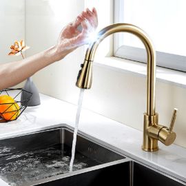 Gold Finish Touch Kitchen Sensor Faucet With Pull Down Sprayer