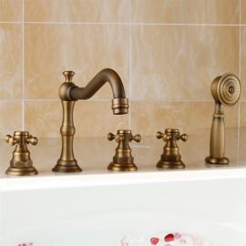 Juno Antique Brass Finish Triple Handle Bath Tub Faucet with Hand Shower Sprayer
