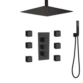 Juno Commercial Matte Black Wall Mounted Square LED Shower Set With Six Body Jets