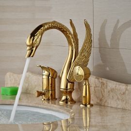 Juno Long Neck Gold Bathtub Swan Faucet with Hand Shower