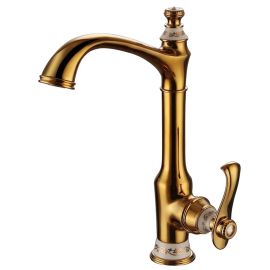 Juno Queen Long Neck Gold Deck Mount Single Handle Bathroom Faucet