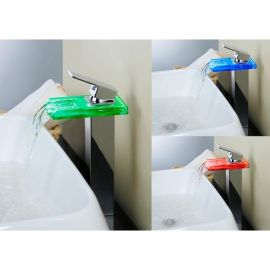 Vertical Standing LED Color Changing Copper bathroom Waterfall Sink Faucet