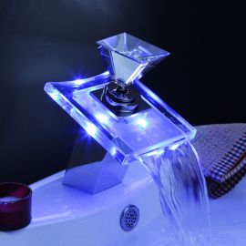 Moonlight Color Changing LED Waterfall Bathroom Basin Sink Glass Top Faucet