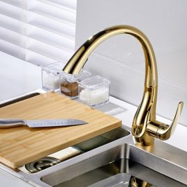Natalie Gold Kitchen Sink Faucet Deck Mounted Single Handle Swivel Water Outlet Pull Out Spou
