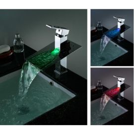 32CM Chrome Finish Brass Body Waterfall LED Bathroom Sink Faucets
