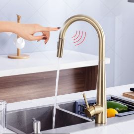 New Modern Design Brushed Gold Finish Touch Kitchen Faucet Pull Out Spray
