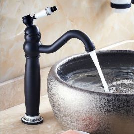 Rotation Neck Dark Oil Rubbed Bronze Deck Mount Bathroom Vessel Sink Faucet