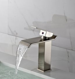 Single Handle Brushed Nickle Finish Brass Body Deck Mount Waterfall Bathroom Sink Faucet