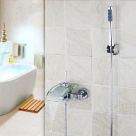 Single Handle Glass Widespread Waterfall faucet with Handheld Shower