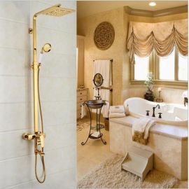 Juno Square Gold Bathroom Shower Faucet with White Hand Held Shower