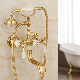 Gold Finish White Handle Clawfoot Bathtub Faucet with Hand Shower