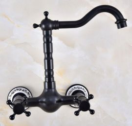 Juno Contemporary Black Brass Wall Mount Dual Cross Handles Kitchen Sink Faucet