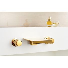 Juno Gold Finish Wall Mount Dual Handle Waterfall Bathroom Sink Faucet