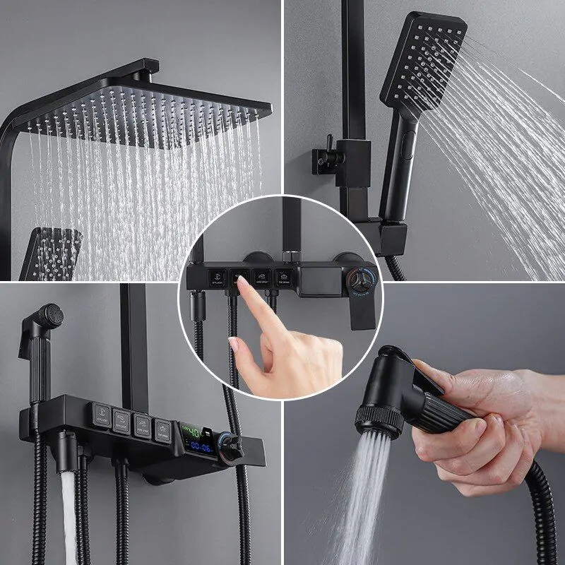 Juno Luxury  Black & Gold Shower Head Digital Display Thermostatic Shower Set With Four-Speed Shower booster nozzle