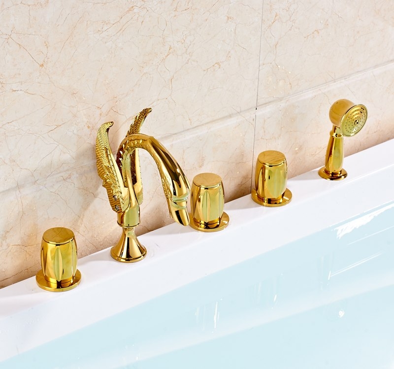 Deck Mount Gold Triple Handle Bathtub Faucet with Hand Shower