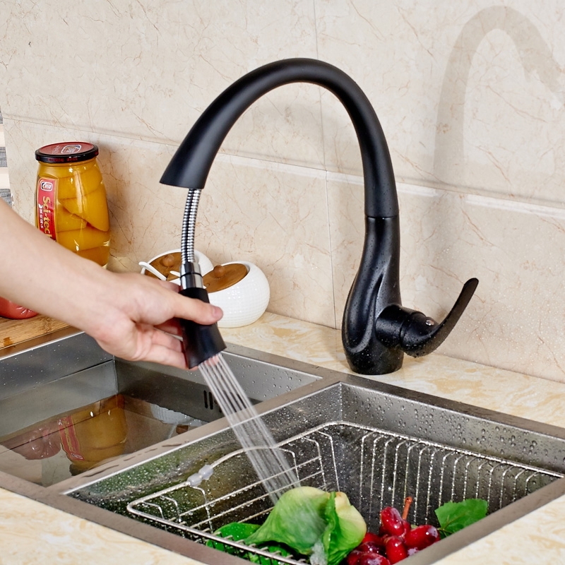 Deck Mounted Blackened Pull Out Kitchen Sink Faucet