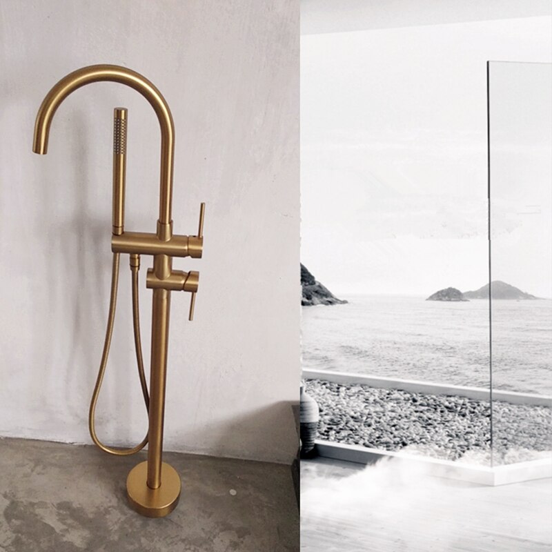 Juno Classic Bathroom Brushed gold Floor Mount Bathtub Faucet Shower System