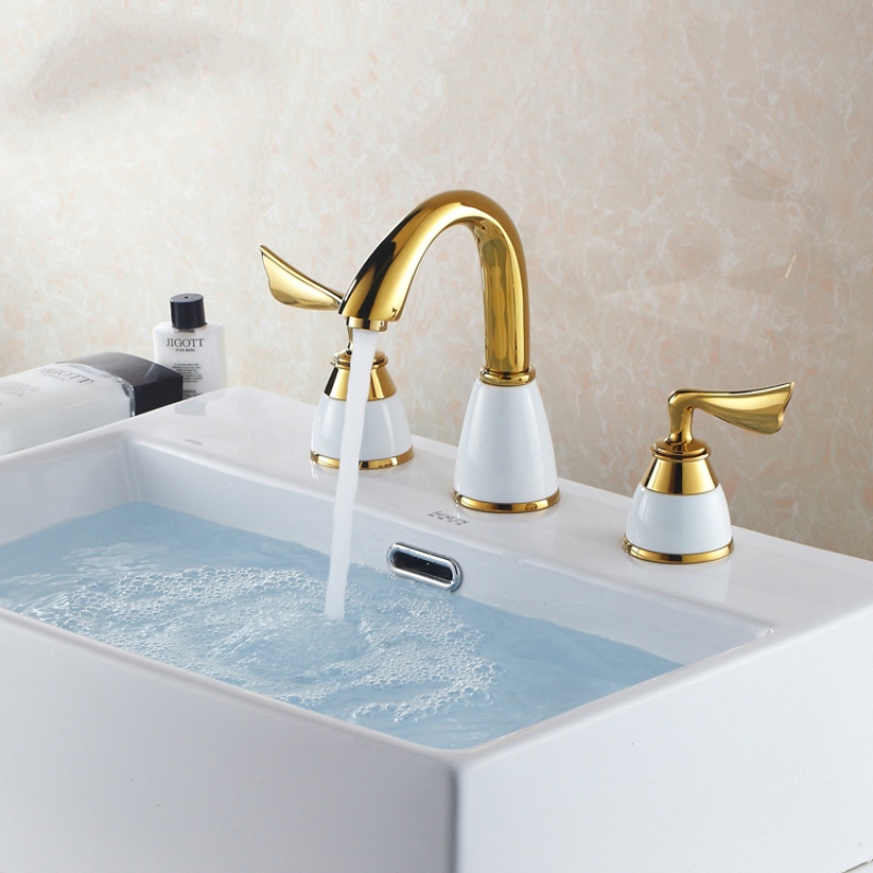Gold Brass Double Handle Bathroom Mixer Faucet 