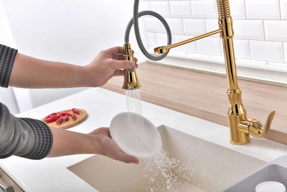 Gold Deck Mounted Pull Out Kitchen Faucet