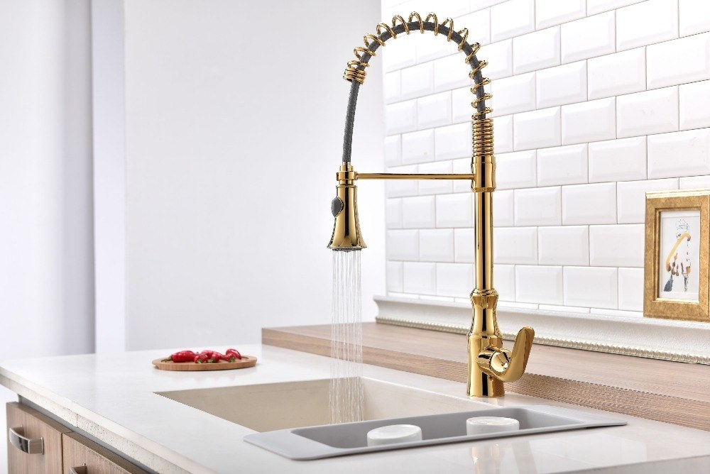 Gold Deck Mounted Pull Out Kitchen Faucet