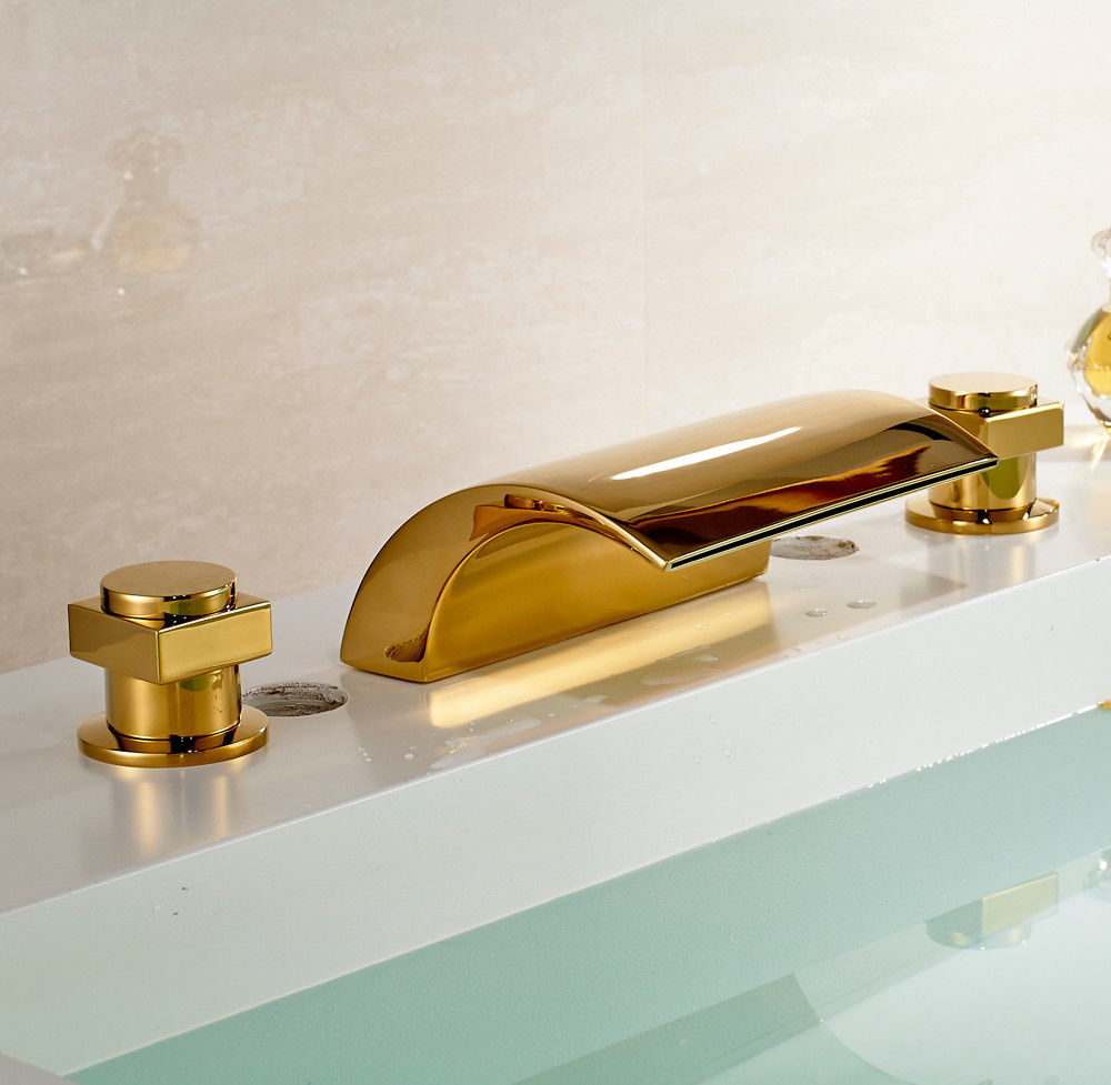 Details about   Brushed Gold Bathroom Faucet Waterfall Wall Mounted Double Handles Tub Mixer Tap 