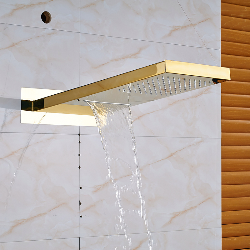 Gold Finish LED Rain Waterfall Bathroom Faucet Shower Head with Handheld Shower 