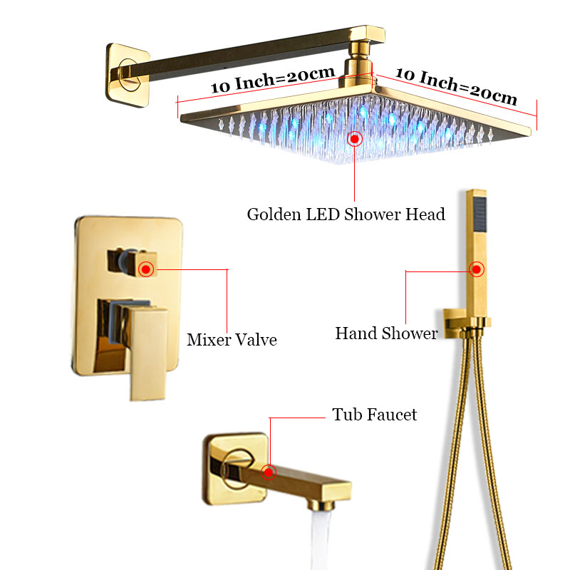 Gold Finish Wall Mounted three LED Function Rain Waterfall Bathroom Faucet Shower Head with Handheld Shower 