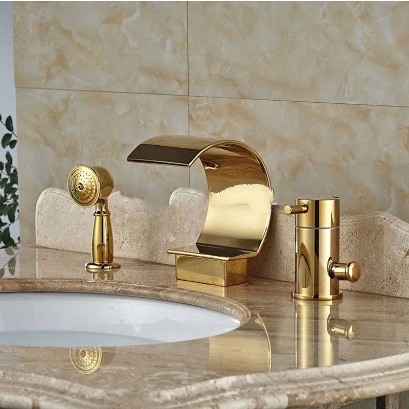 Gold Single Handle 3 Pieces Widespread Waterfall Bathroom Faucet