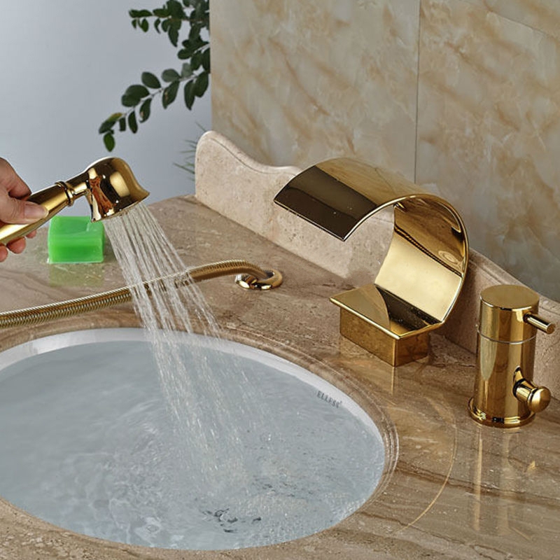 Gold Single Handle 3 Pieces Widespread Waterfall Bathroom Faucet