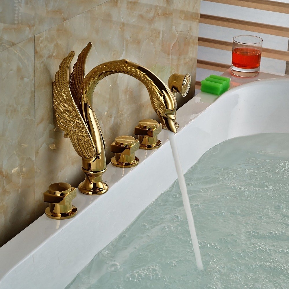 Gold Swan Round Handle Bathtub Faucet with Hand Held Shower