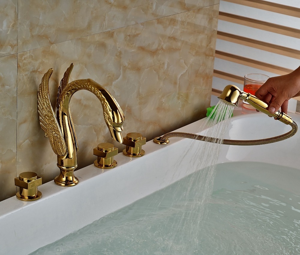 Gold Swan Round Handle Bathtub Faucet with Hand Held Shower