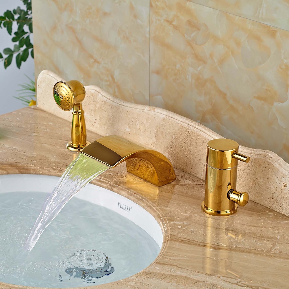 Gold Wide LED Waterfall Deck Mount Waterfall Faucet with Hand Shower