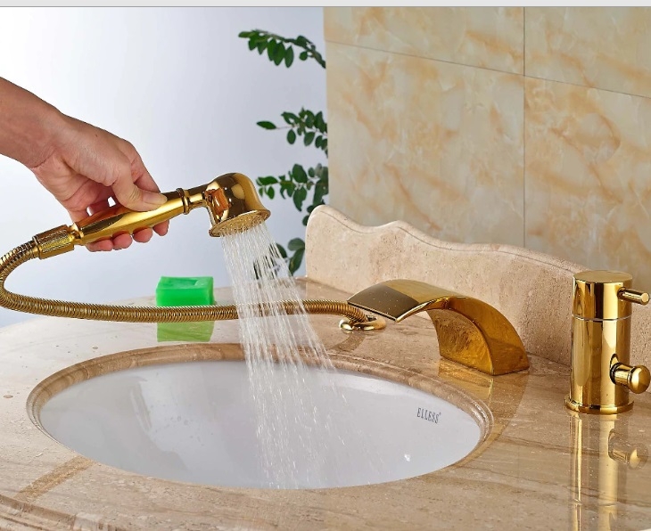 Gold Wide LED Waterfall Deck Mount Waterfall Faucet with Hand Shower
