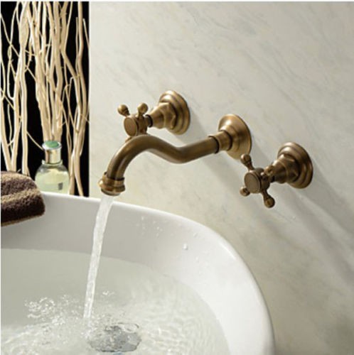 Lazio Wall Mount Two Handles Antique Brass Bathroom Sink Faucet