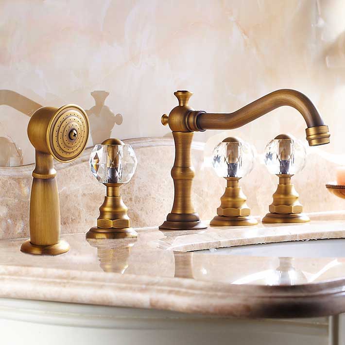 Raelynn Bath Tub Widespread Faucet With 3 Crystal Handles 5pcs Shower Faucet In Antique Brass With Spray Shower