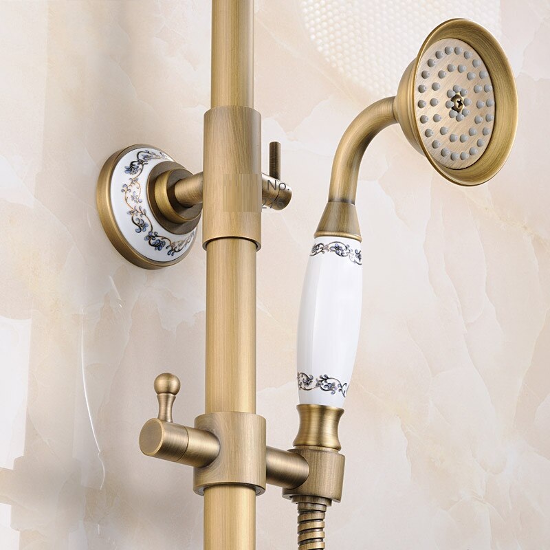 Juno Classic Style Antique Brass Shower Head With Dual Ceramic Handle Handheld Shower Tub Spout & Bathroom Shelf