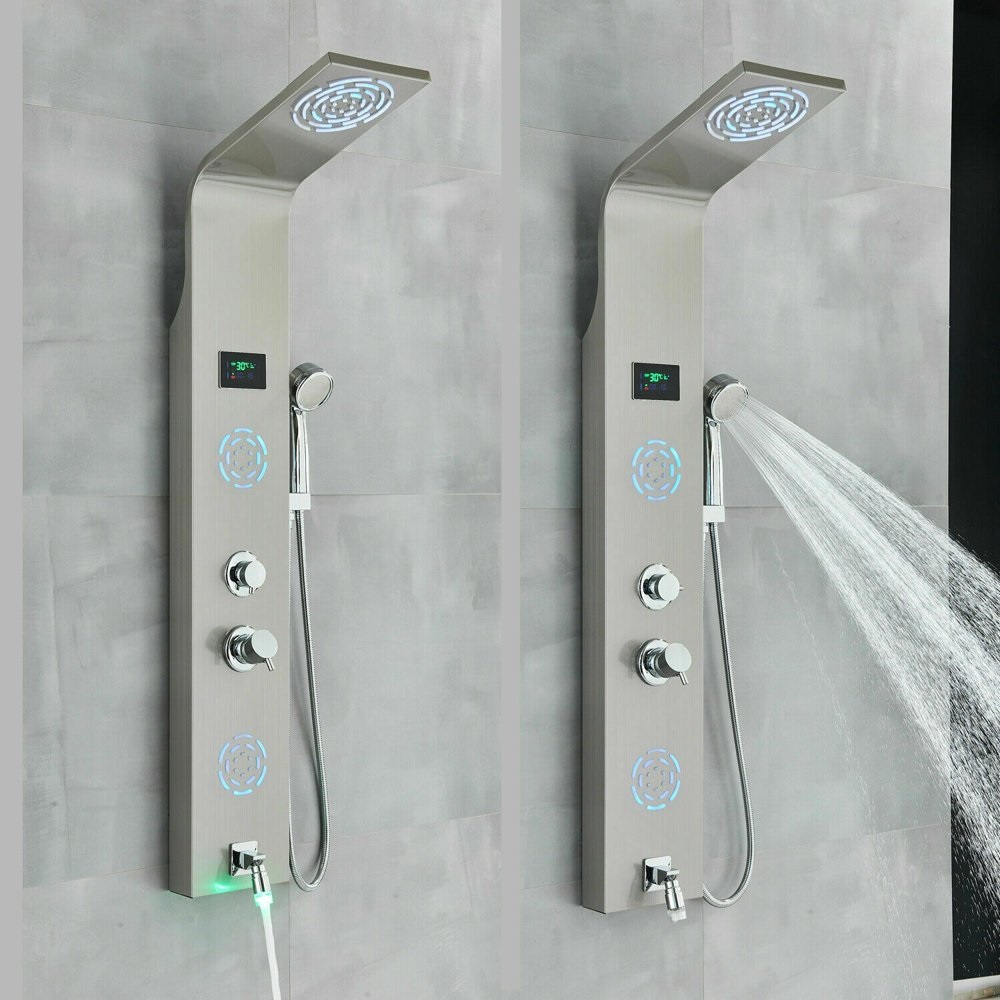 Juno Rose Pink Multi Function Rainfall With LED Shower Panel With Thermostatic Massage Jets
