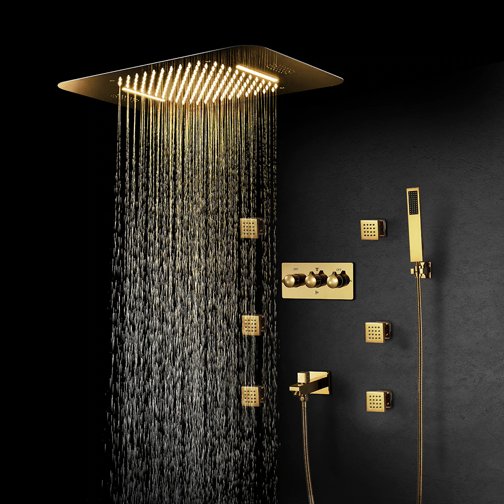 Juno Super Luxury 5 Function Gold Shower System 5 & 3 Knobs With 6 Body Massage Shower Jets Handheld Shower